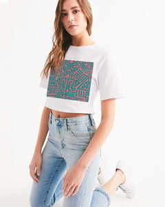Coral & Teal Tribal Lines  Women's Cropped Tee