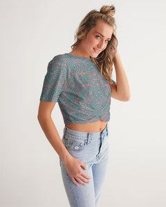 Coral & Teal Tribal Lines  Women's Twist-Front Cropped Tee