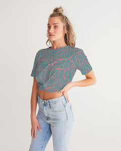 Coral & Teal Tribal Lines  Women's Twist-Front Cropped Tee