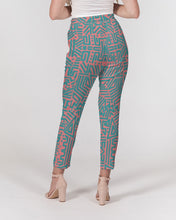 Load image into Gallery viewer, Coral &amp; Teal Tribal Lines  Women&#39;s Belted Tapered Pants
