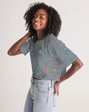 Load image into Gallery viewer, Coral &amp; Teal Tribal Lines  Women&#39;s Lounge Cropped Tee
