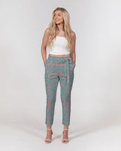 Load image into Gallery viewer, Coral &amp; Teal Tribal Lines  Women&#39;s Belted Tapered Pants
