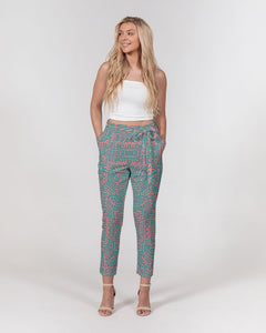 Coral & Teal Tribal Lines  Women's Belted Tapered Pants